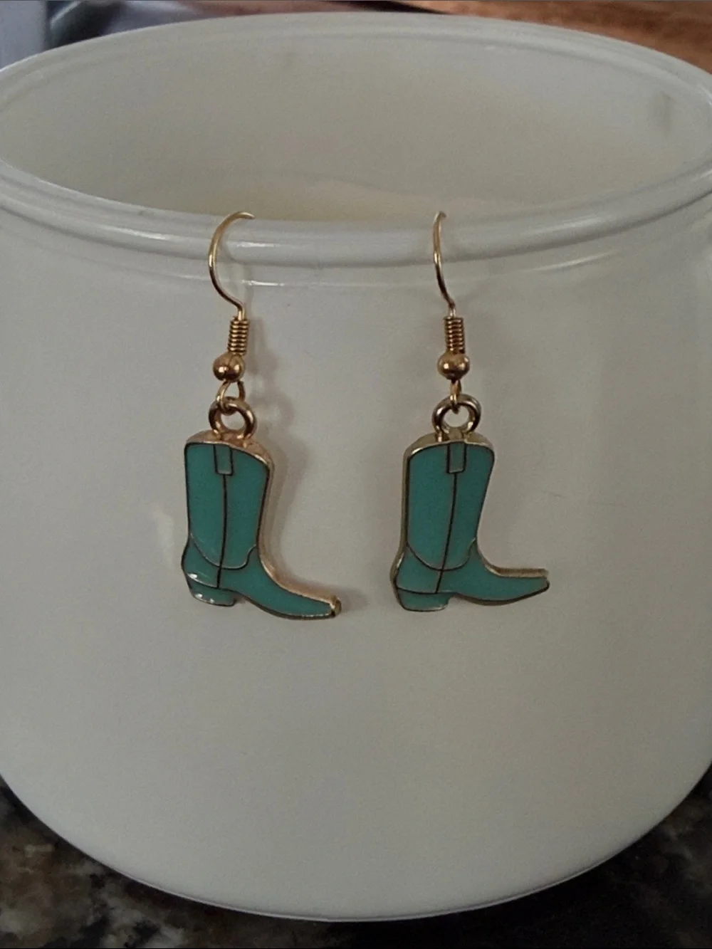 Turquoise and Gold Cowboy Boot Dangle Earrings Coastal Cowgirl Western Jewelry - Picture 2 of 2